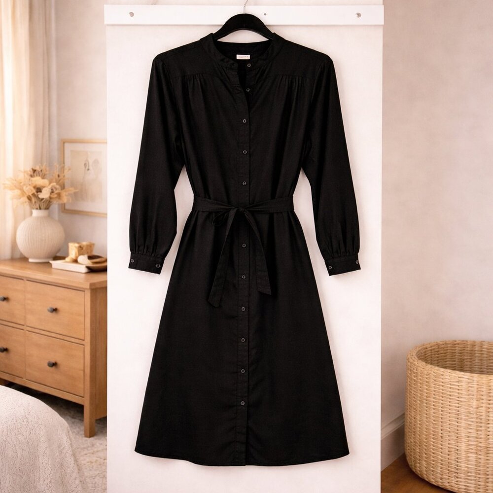 Vintage Henry-Lee Black Button Front Shirt Dress Belted Midi 70s Workwear